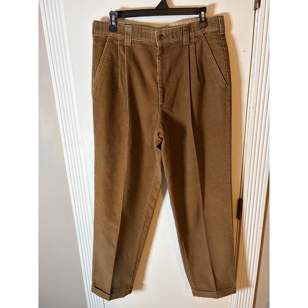 Savane Mens Tan Brown Pleated Corduroy Pants Cuffed No Wrinkles Straight Leg